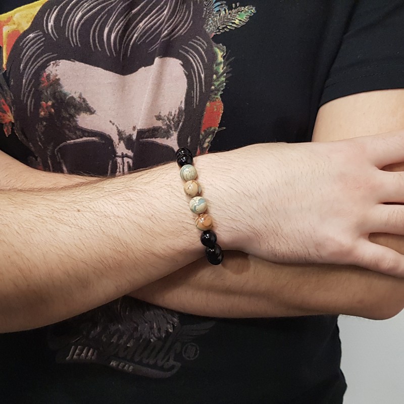 Bracelet homme pierre naturelle onyx et hématite, acier inoxydable